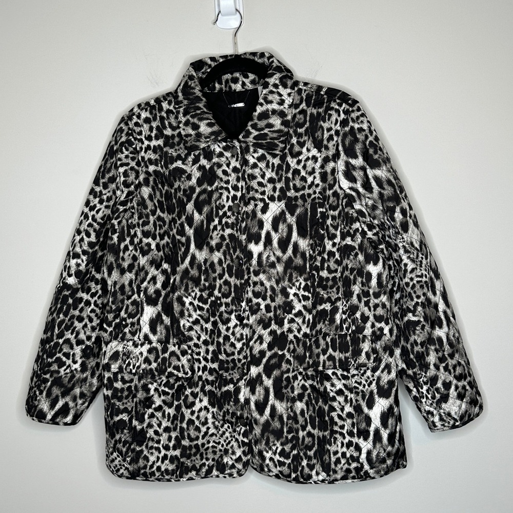 Chico's Animal Print Quilted Jacket Women's Size 3 (XL)‎ 16/18 Black White Coat